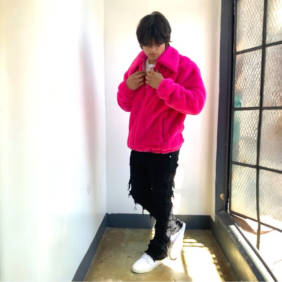 Men's Fashion Hot Pink Faux Fur Fuzzy Coat NWT - Picture 5 of 5